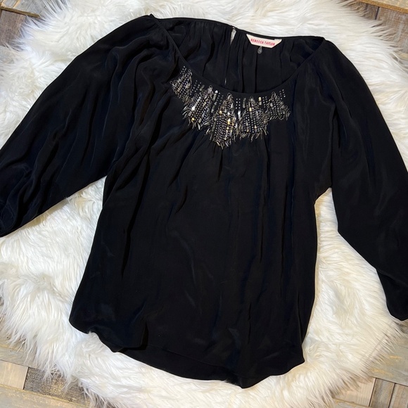 EUC [Rebecca Taylor] Black SILK Silver Beaded Batwing Tunic Blouse | 6 · Small - Picture 7 of 13
